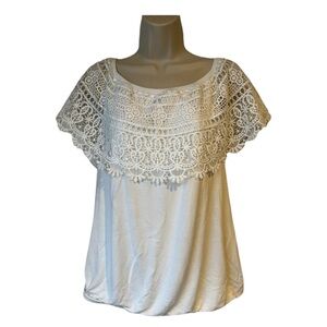 I. N. Studio Women's Large White Lace Overlay Top‎ Boho Peasant Rayon Blouse